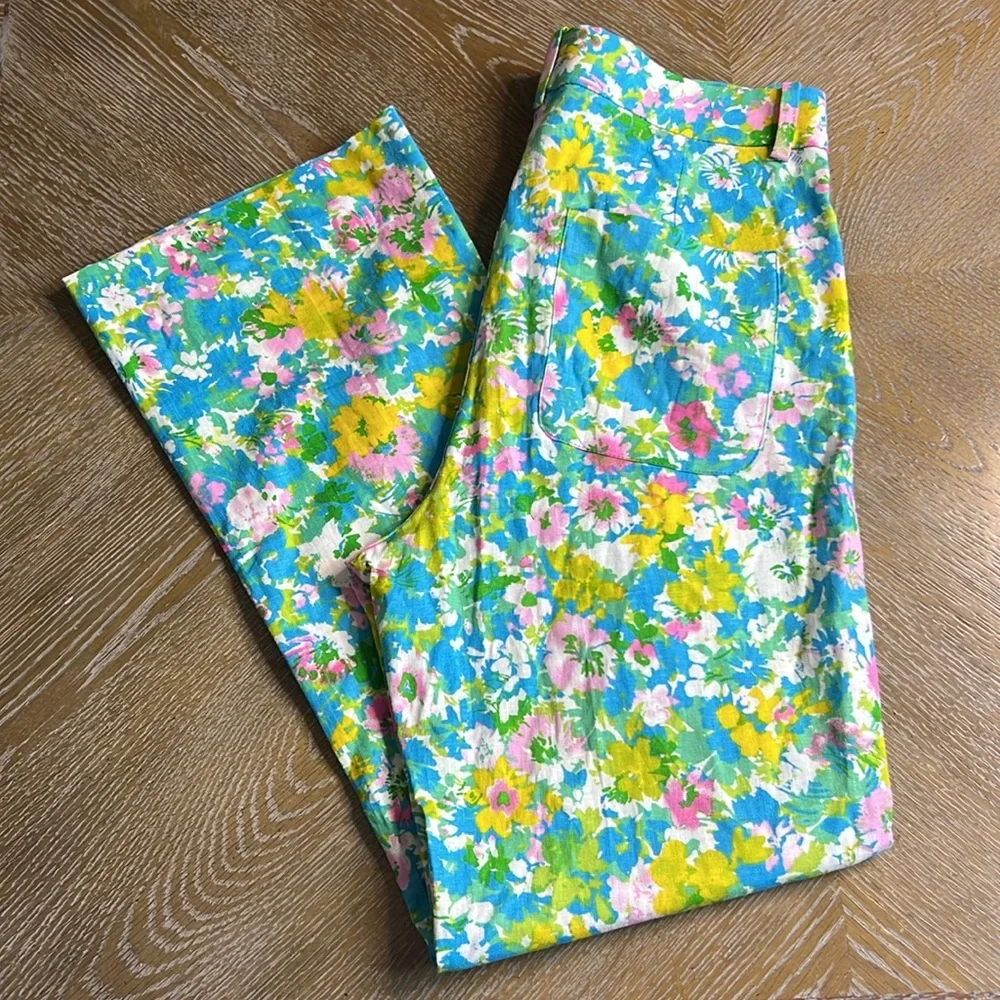 ZARA Blue Floral Linen Blend Mini Flare Cropped Trouser Pant 4